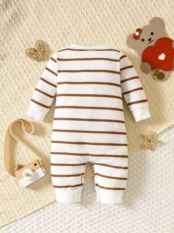 "Korean-Style Baby Romper | Brown White Striped Onesie with Bear-Holding-Heart Embroidery - 'I Love Mom & Dad' Themed" Z260306
