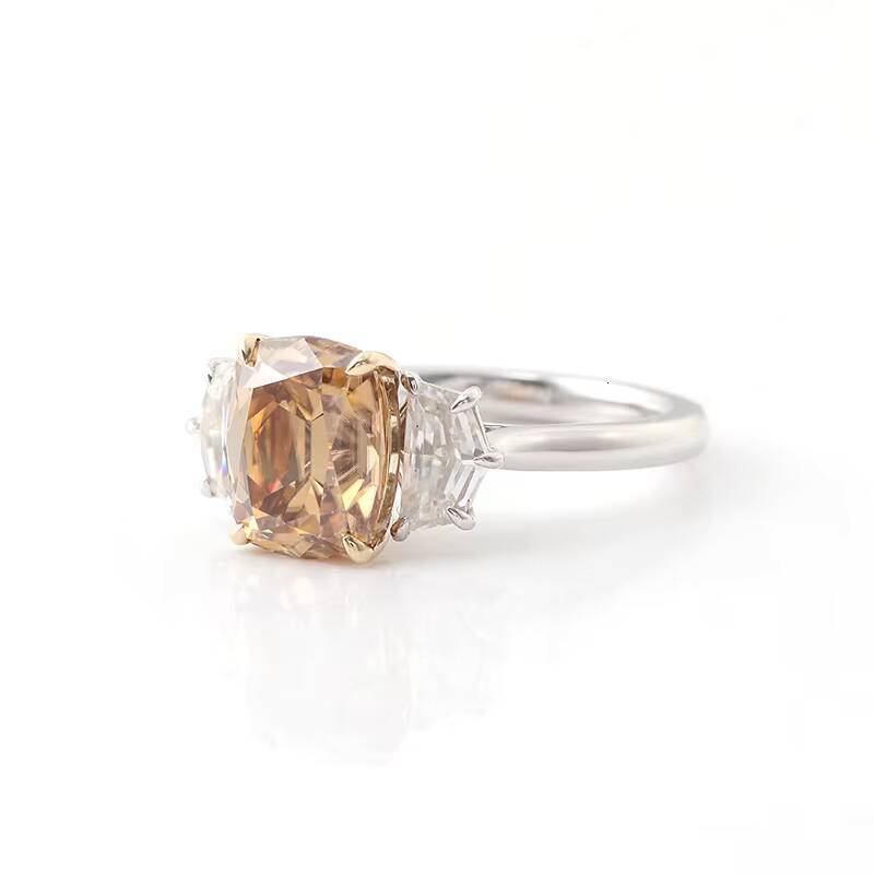 4 CT Champagne Cushion Cut Moissanite Engagement Ring Cadillac Cut Diamond Three Stone Ring 14K White Yellow Gold Jewelry