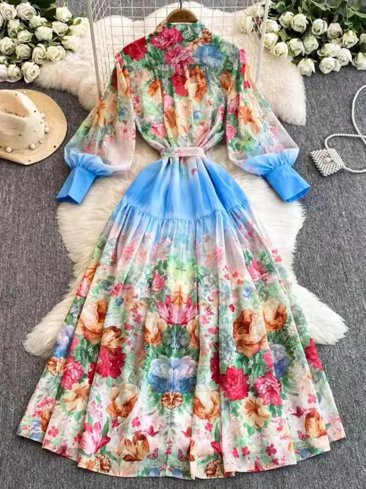 French Court Style Women Dress Spring New Floral Print Slim Waist A-line Big Swing Robe Stand Collar Lantern Sleeve Vintage Ropa X260306