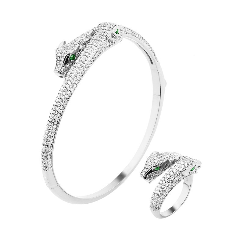 Bracelet Ring Set Style Punk Micro-Inlaid Bracelet Ring Zircon Simple Double-Headed Leopard Bracelet Ring Set, Personalized Jewelry For Men And Women 