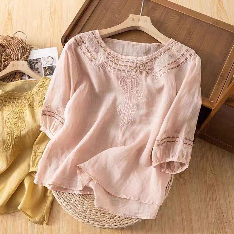 Women Summer Tops Tees Vintage Blouse Short Sleeve Shirt Ruffles Loose Casual Tees Literary Floral Embroidery Cotton And Linen Blous