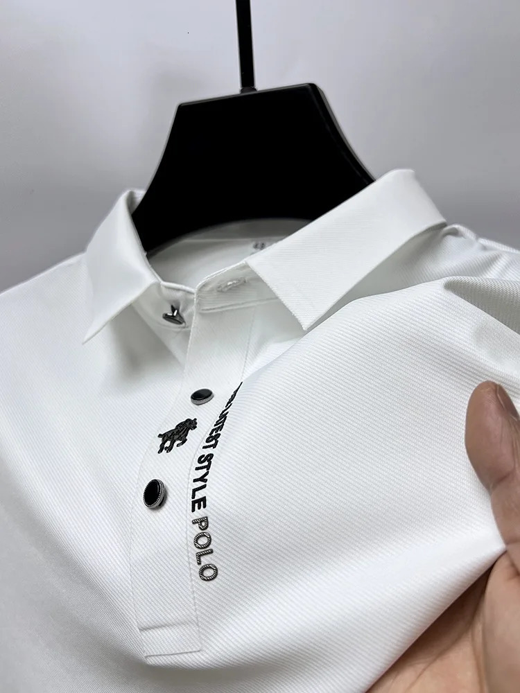 High end ice silk breathable short sleeve T-shirt mens lapel summer fashion embroidery casual business polo shirt 260304