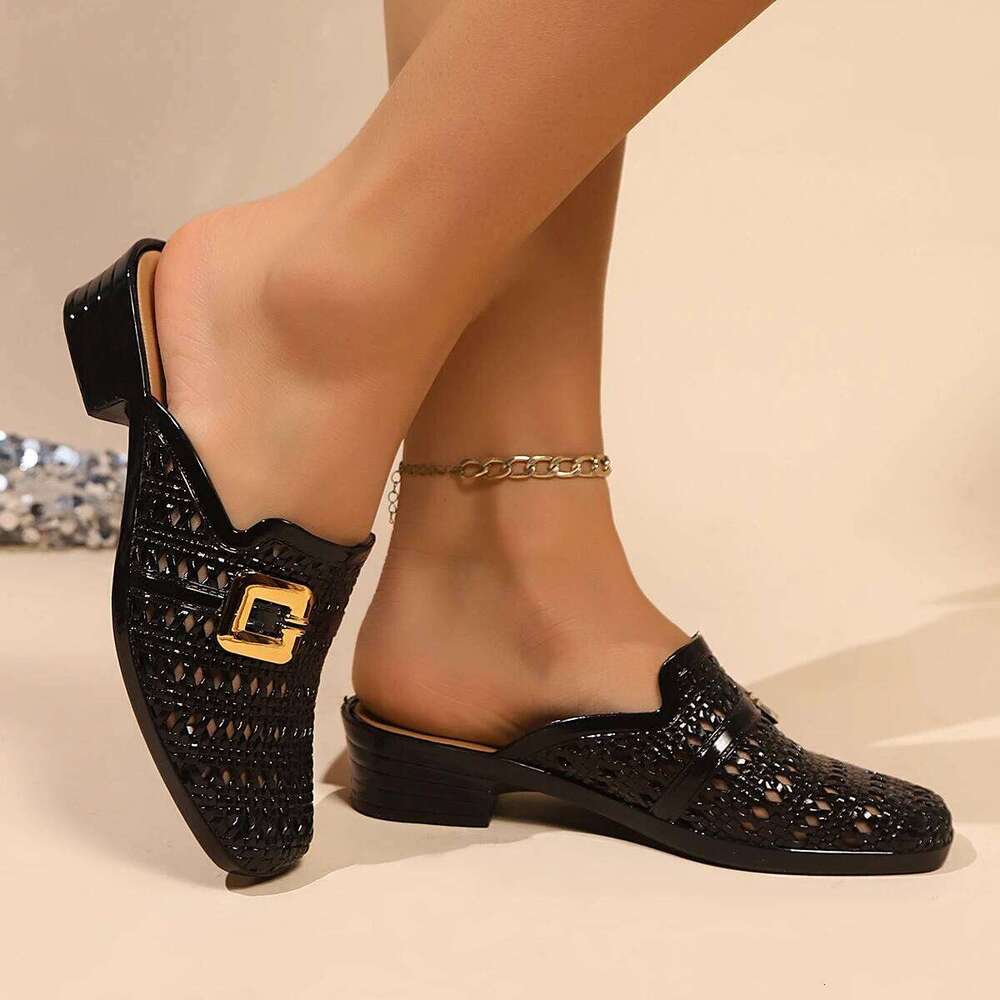 2026 New Women's Fashion Hollow Slippers Summer Mid Heel Soft Beach Buckle Sliding Shoes Outside