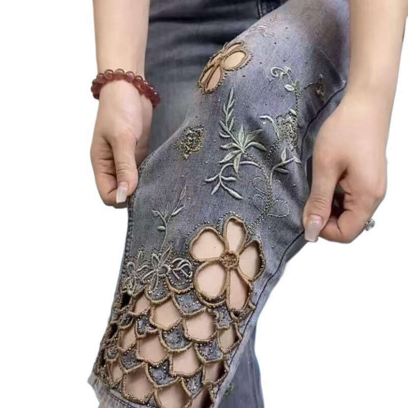 Mardi Hefxessdr women High end hollowed out embroidered denim new summer thin high waist stylish denim jeans women's clothing