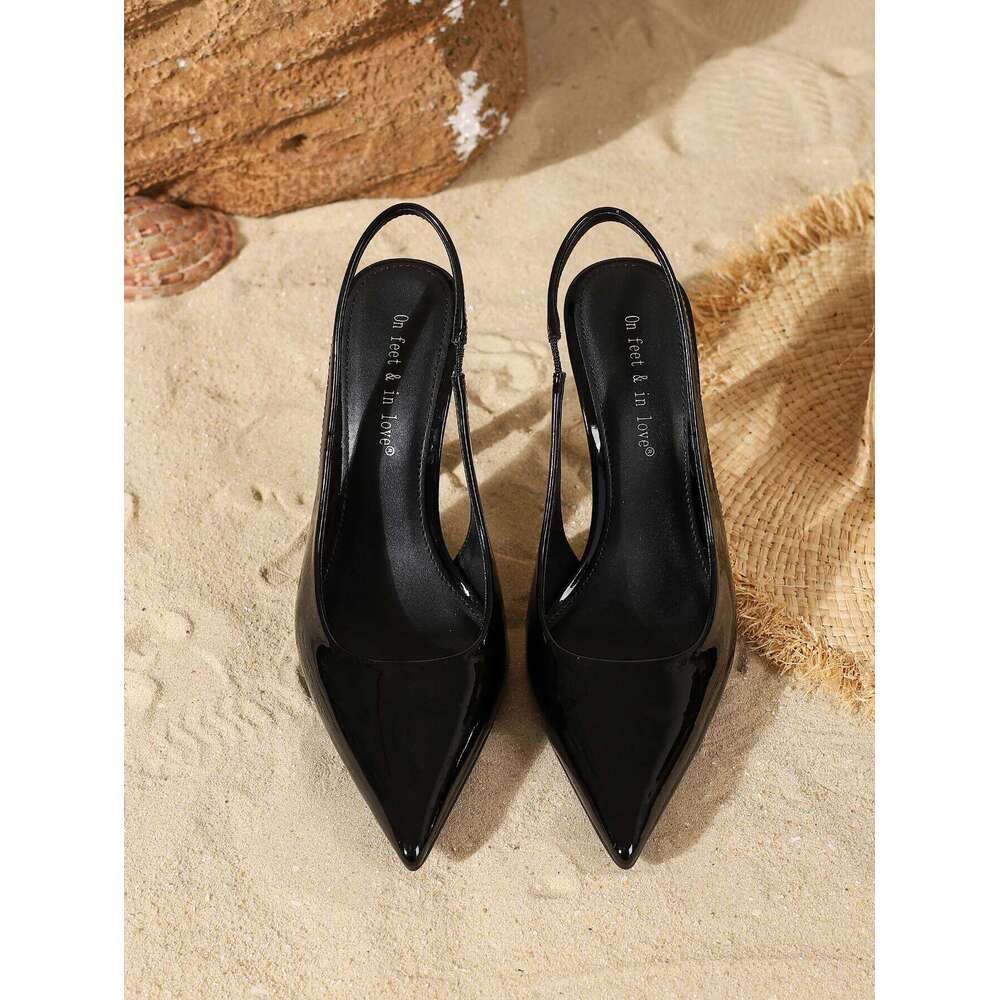 Black Patent Leather Pointed-Toe Slingback Stilettos