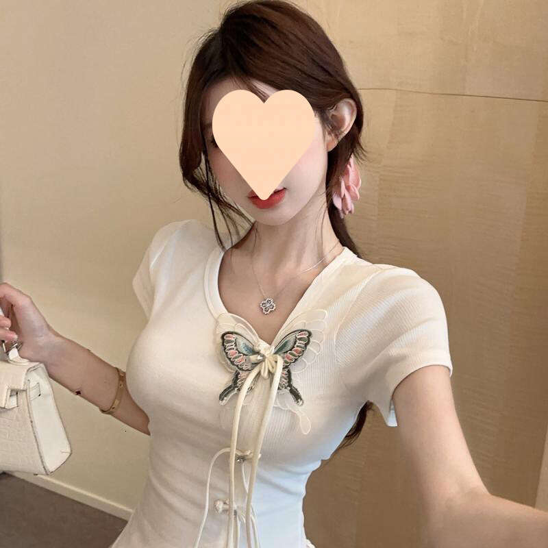 New Chinese Style Short Sleeve Tshirt Irregular Frog Button Short Top Chinese Style Butterfly Tassel Buckle Women Skew Collar Slim-fit Tee Tops