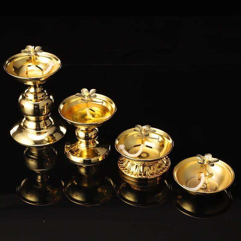 Golden Oil Lamp For Buddha With Glass Windproof Cover,Metal Buddhist Lantern Burner,Religious Candlestick Item XJ260305