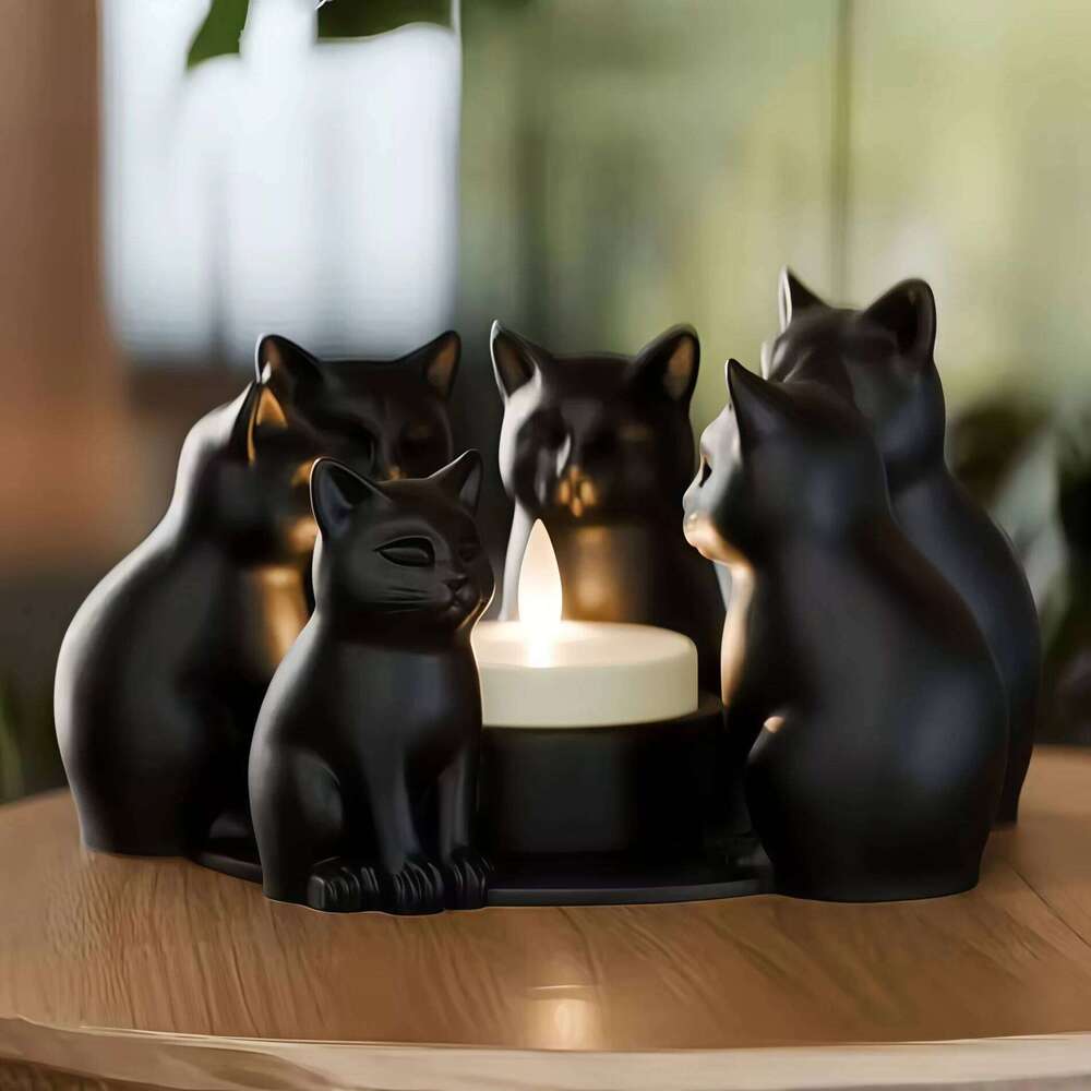 3D Printed Black Candle Holder Cat Figurine Circle Decor Creative Home Desktop Ornament Gift | Modern Minimalist Style XJ260305