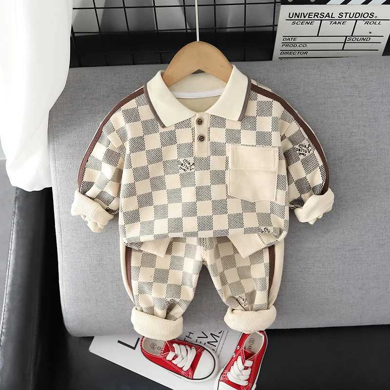 Kids Checkerboard Polo Tracksuits for Spring Autumn, 2Pcs Knit Sweater & Pants Set, Fashion Casual Outfits for Toddler Boys and GirlsT260306