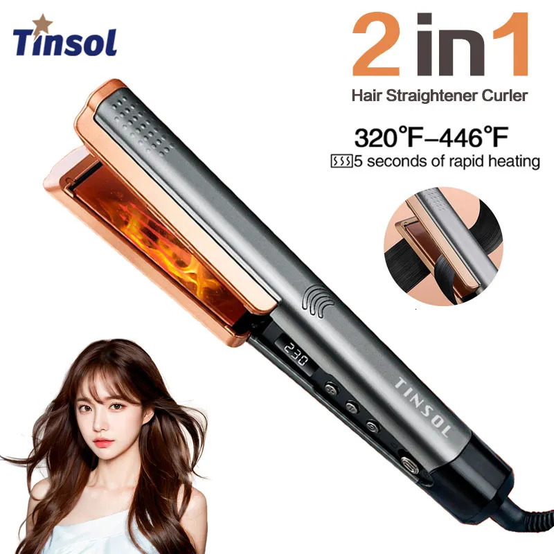 TINSOL 2-in-1 Professional Ceramic Hair Straightener Curl Ionizer with LCD Wide Panel Straightener Temperature Adjustable 260305