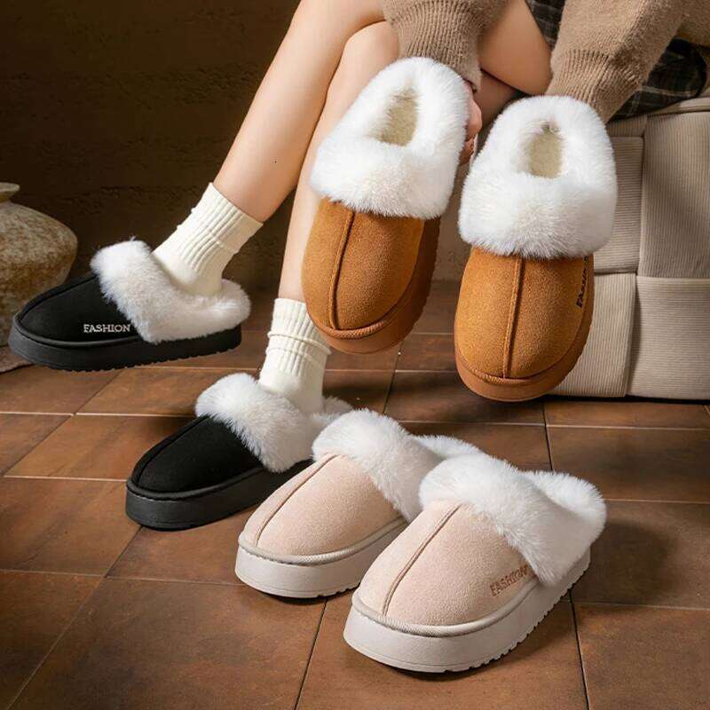 Platform Fluffy Slippers Women House Flats Fashion Plush Winter Warm Outdoor Indoor Shoes Ladies Home Elegant Casual Footwear