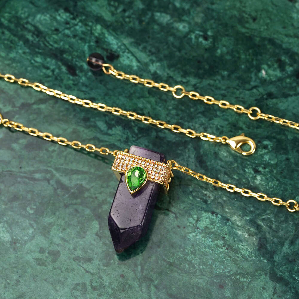 Vintage Purple Natural Stone Pendant Necklace Sweater Chain Choker Geometric Earrings Hooks Light Luxury High-End Ear Accessories High-Quality