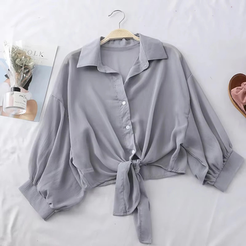 Women Summer Bat Half Sleeve Chiffon Shirt Casual Loose Button Hollow White Clothes Elegant Solid Color Tied Waist Blouse 9776 260306