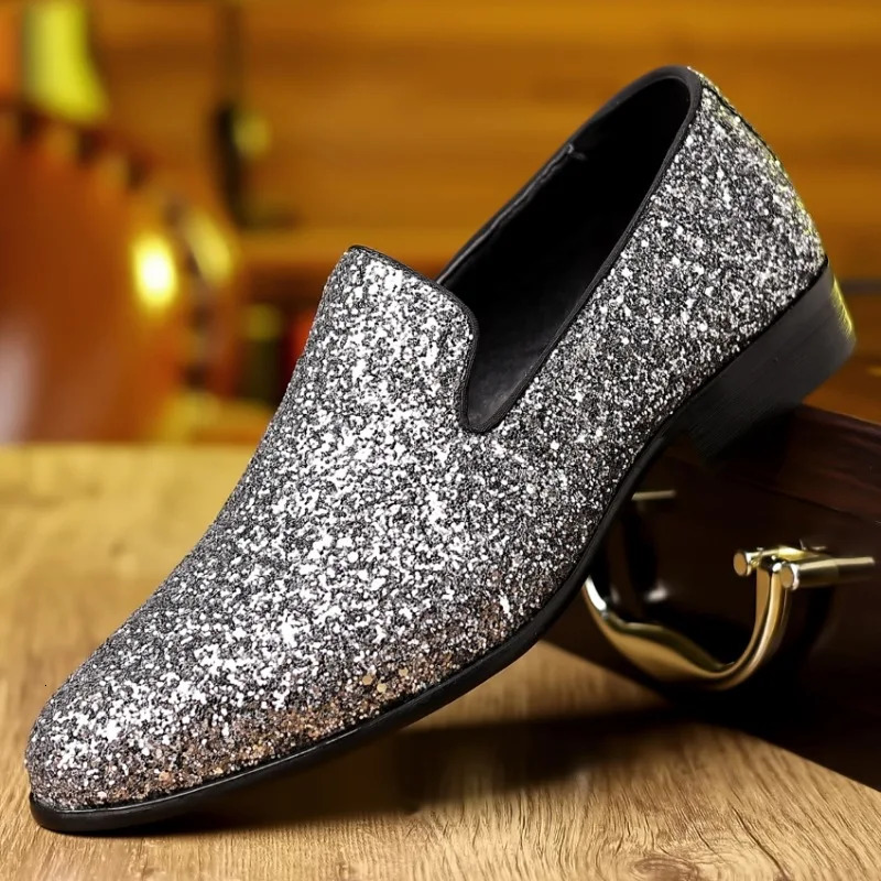 Loafers Men Shoes Gold Silver Sequin Wedding Shoes Fashion Slip on Flats High Quality Men Formal Party Shoes 260305