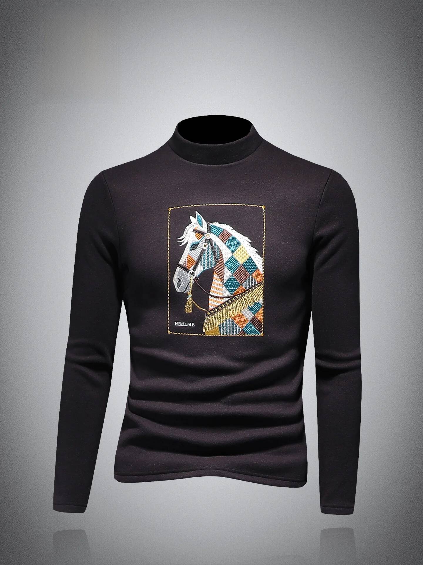 Embroidered Fce Lined Thi Long Sve f High Collar Men's T-irt for Winter Warm Base Layer irt