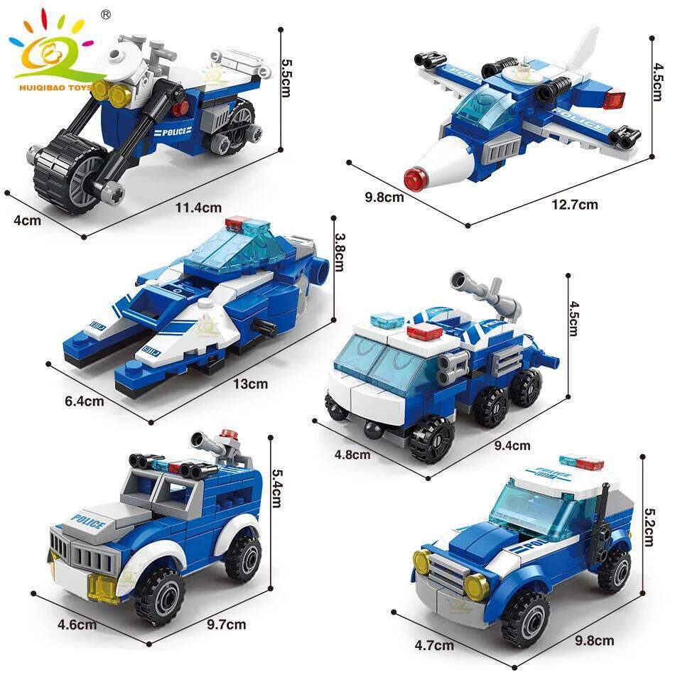 HUIQIBAO 533pcs 6in1 Police Truck Building Blocks City Construction Helicopter Car robot Bricks Set For Children Toys Kids Gift Z260306