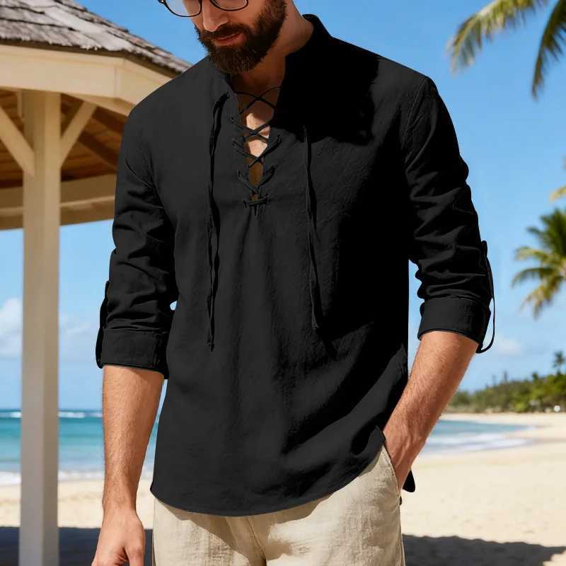 2026 New Mens Cotton Linen Shirt Long Sleeve Male Shirts Henley Button Strap Stand Collar Casual Shirt Spring Summer Vintage M260305