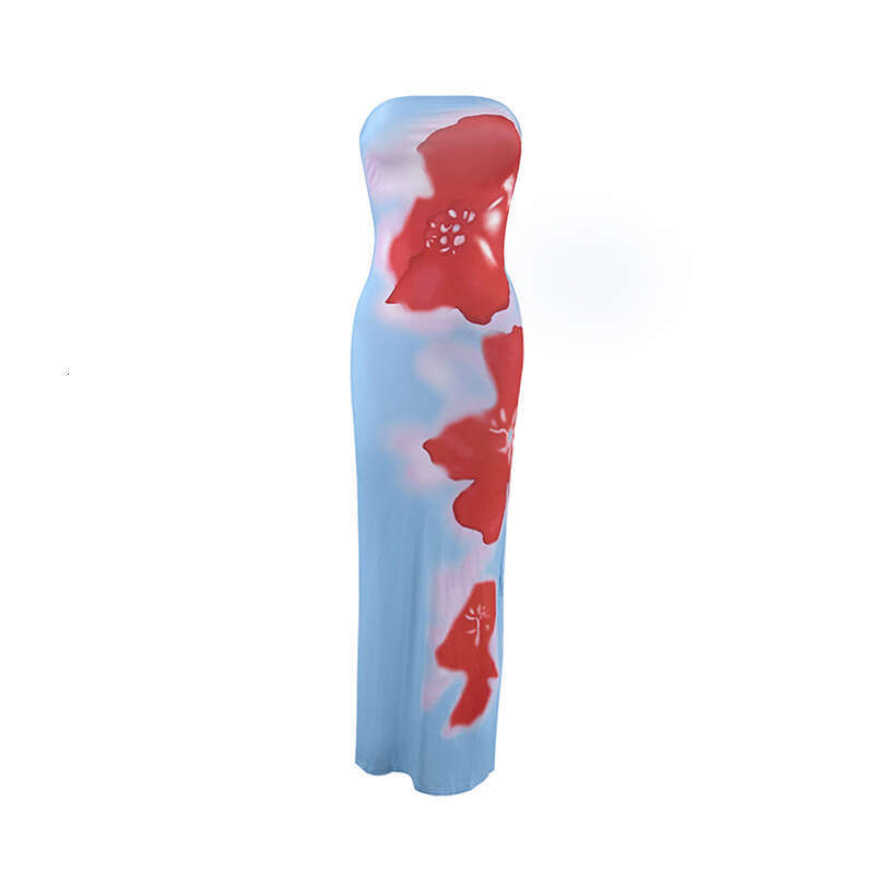 Cross-Border Women's Fashion European and American INS Sexy Style Slim Fit Printed Tube Top Split Bodycon Long Dress Factory Wholesale
