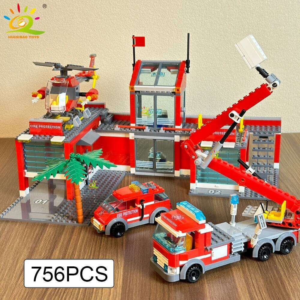 HUIQIBAO 756pcs Station with Helicopter Model Building Blocks Fire Truck Firefighter Bricks City DIY Toys For Children Gift Z260306