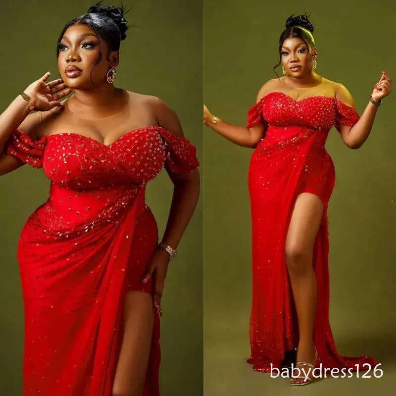 2026 Plus Size Red Dress Mermaid Prom Dresses Evening Formal Gowns Side Split Sexy Illusion Bead Lace Birthday Second Reception Gown For Black Women A
