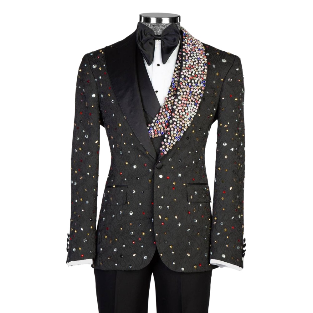 Luxury Men Suits Rhinestone Peaked Lapel Jacquard Blazer 3 Pieces Tailor-Made Jacket One Button Groom Customized Coat Vest Pants Plus Size