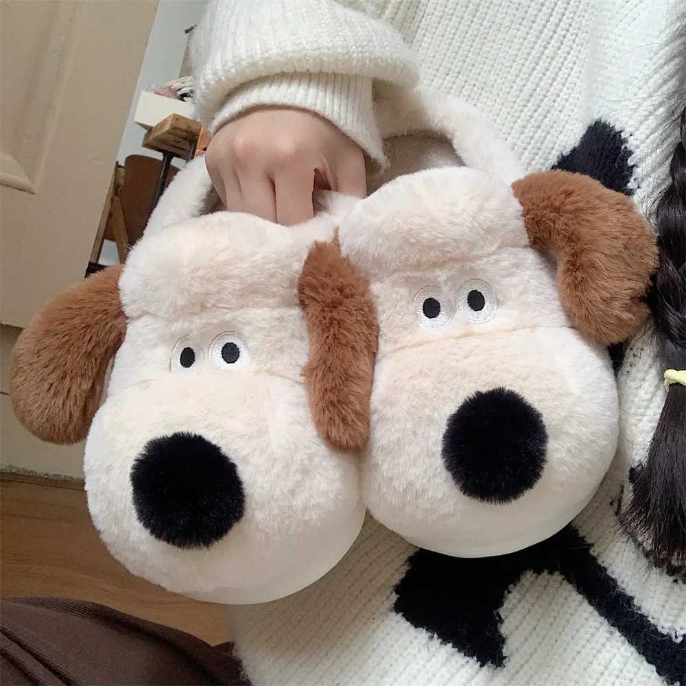 Women Home Soft Sole Cotton Slippers Cartoon Cute Dog Fluffy Slippers Female Winter Slides Ladies Plush Indoor Flats Flip Flops S260305
