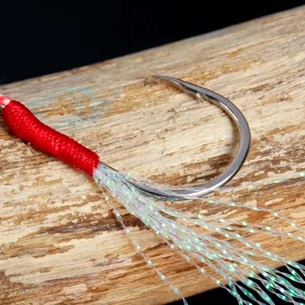 Cast Jig Assist Hook 10PCS/Lot High Carbon Steel Angle Barbed Thread Feather Lake Fishing Tackle Slow Jigging Sea Pesca Fishhook S260305