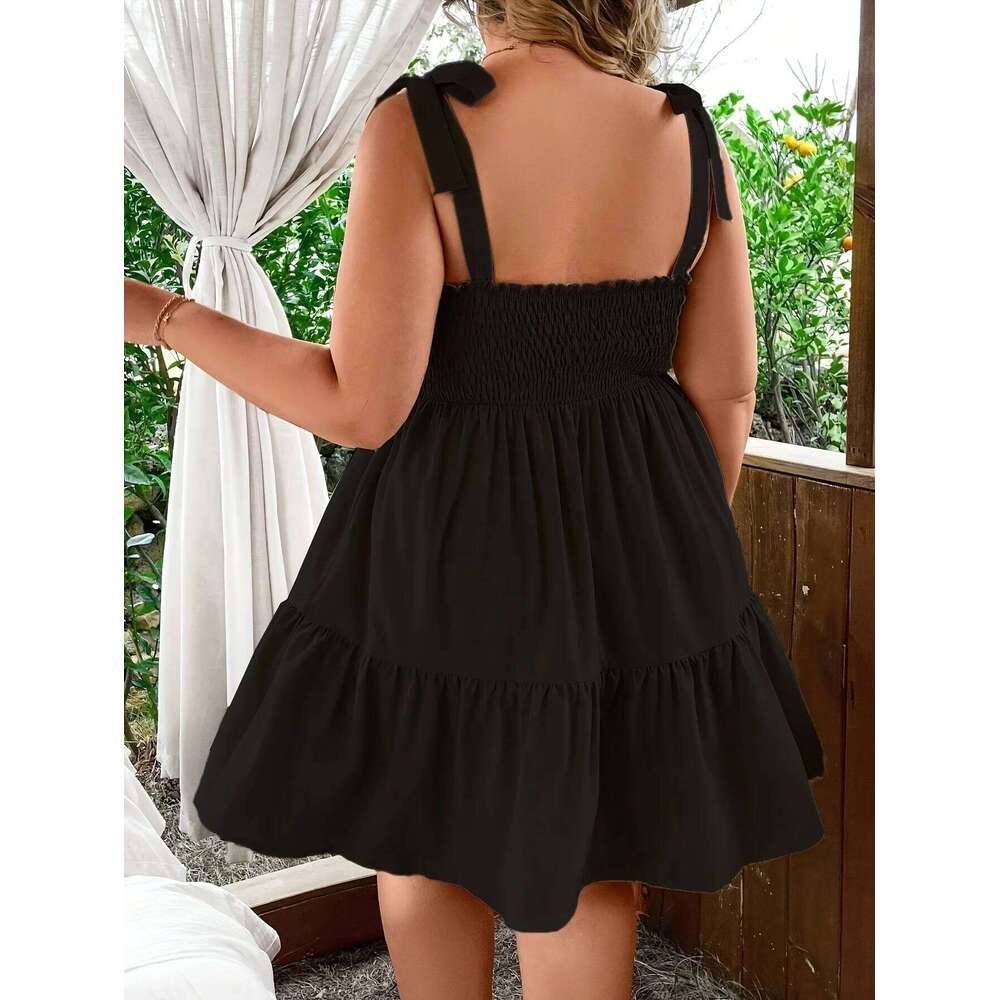 Ladies Solid Elastic Strap Butterfly Knot A-Line Halter Dress Vacation Gown Women's plus Size Clothing