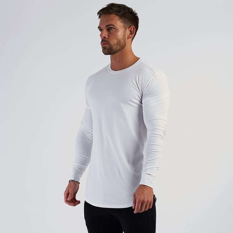 Solid Color Fitness T-Shirt for Men Round Hem Pure Cotton Breathable Slim Fit Sports Long Sleeve Autumn Winter Fashion Trend Base Shirt