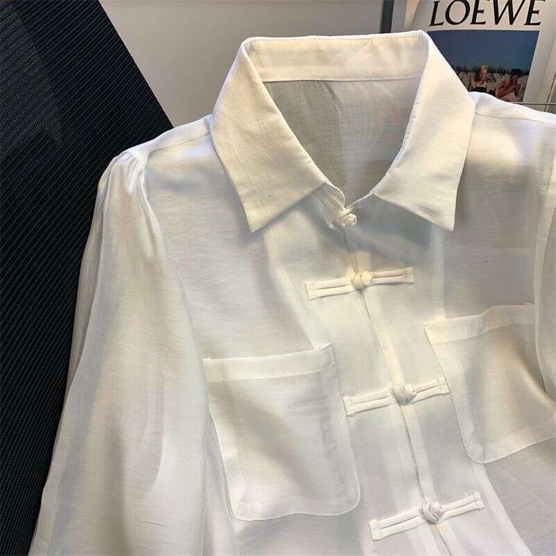 Summer Loose Pure Color Women's irt f Sve Button up Ne Design Casual Versatile Top for Office And Commute New Chinese Style frog button