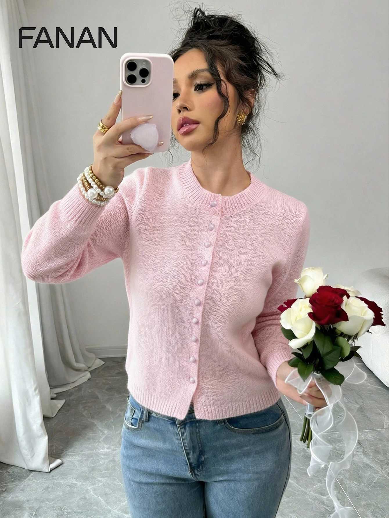 New Autumn/Spring/Summer Womens Cardigan Sweater Pink Fitted Round Neck Knit Cardigan Casual and Elegant Versatile for Everyday Wear M260306