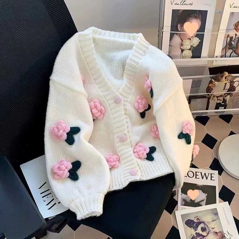 New 3D Flower Knitted Cardigan Women Sweet Cute Korean All-Match V-Neck Sweater Coat Autumn Winter Gentle Style Knitted Cardigan M260306