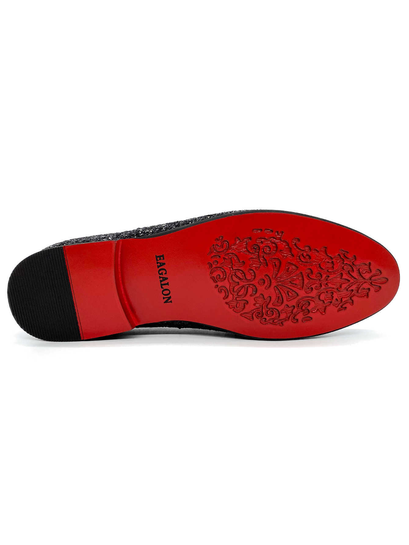Men's Black Glitter Loafers Sparkly Sequined Slip-On Dress Shoes with Gold Eagle Emblem Luxury Formal Wedding Party Evening Shoes with Red Sole
