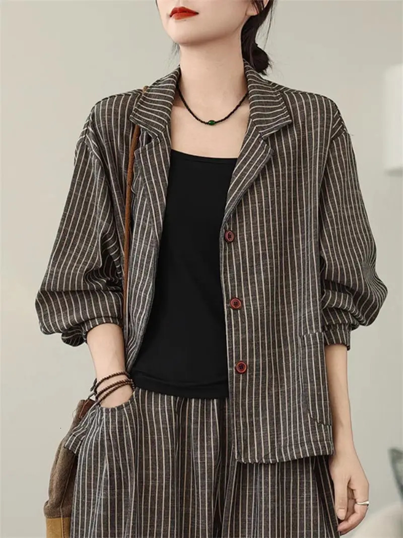 Retro Stripe Cotton And Linen Suit Womens Autumn Temperament Casual Wide Leg Harem Pants Loose Oversized 2 Piece Set K2478 260305