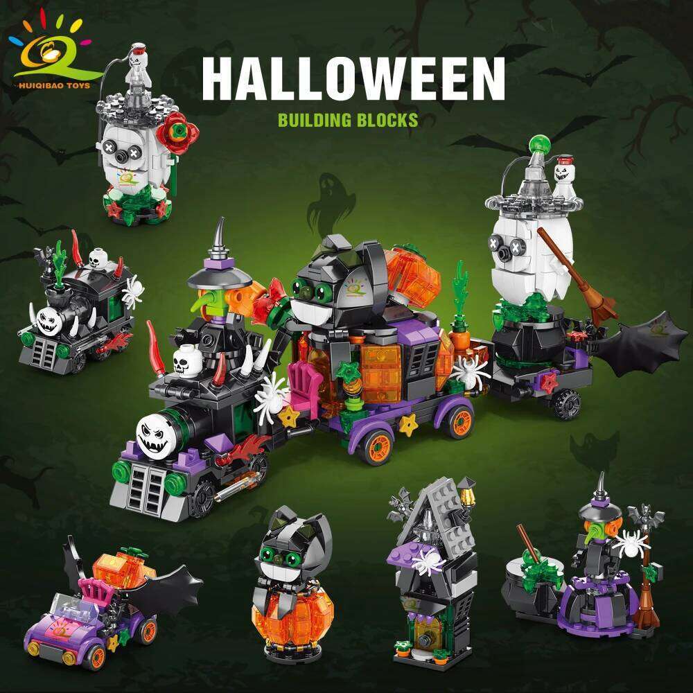 HUIQIBAO 6IN1 Halloween House Train Model Building Blocks City Pumpkin Ghost Car MOC Bricks Set Toys for Children Kids Gift Z260305