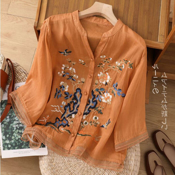 High-end Cotton and Linen Tops Female 2026 Summer New Embroidered Cardigan Shirt New Chinese Style Embroidered pattern shirt
