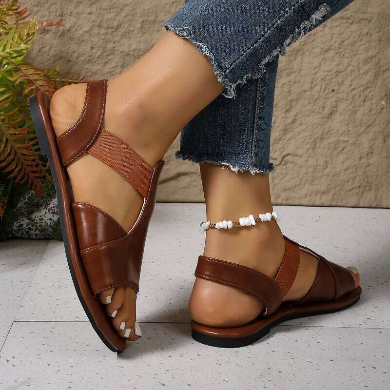 Simple Fashion Flat Heel Women Plus 2025 Summer New Sewing Detail Peep Toe Beach Shoes Casual Ladies Roman Sandals