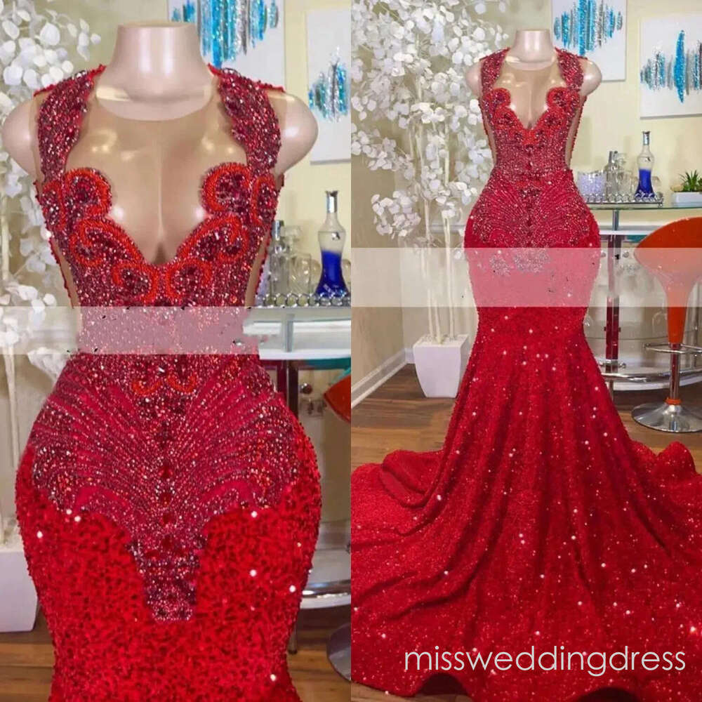 Sparkly Red Sequined Mermaid Prom Dresses 2026 For Black Girls Sheer Crew Neck Rhinestones Formal Party Dress Luxury Beaded Evening Gowns BC18507