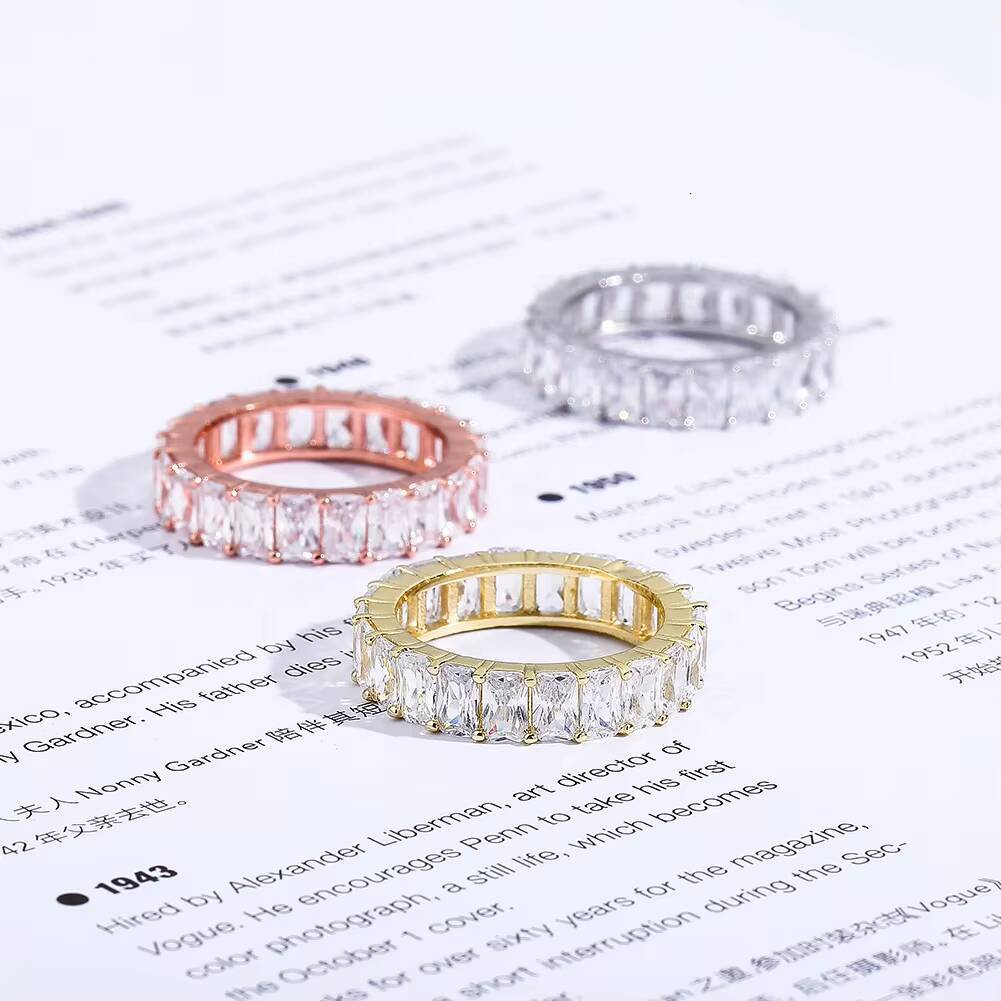Fashion Trendy Iced Lab Created Zircon Geometric Hip Hop Eternity Engagement Wedding Band Ring Brass Platinum/Gold Plated Men