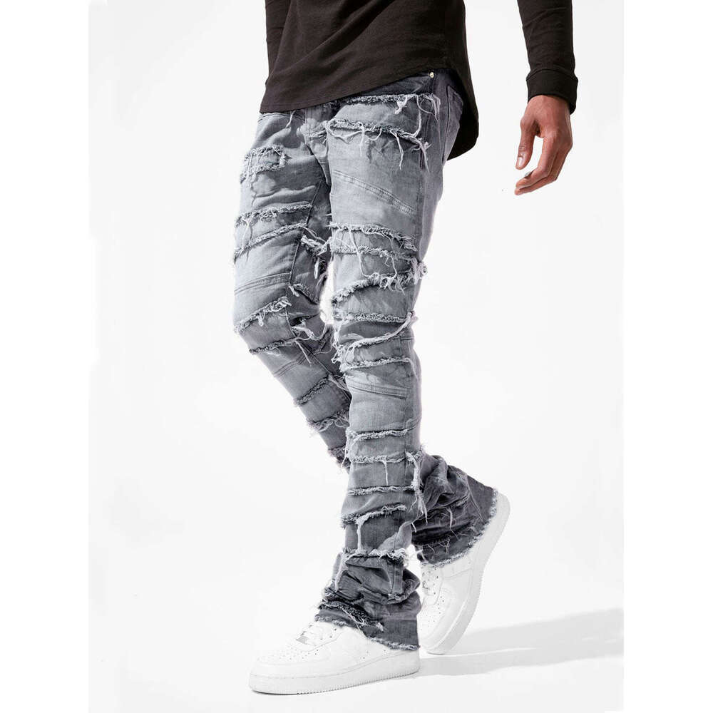 Cross-Border New Men's European and American Street Fashion Ins Hot Elastic Patch Denim Straight Pants