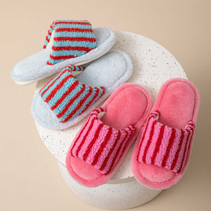 Striped Color-Block Open-Toe Cotton Slippers for Women Ins Style Furry Slippers Designer Home Plush Slippers S260305