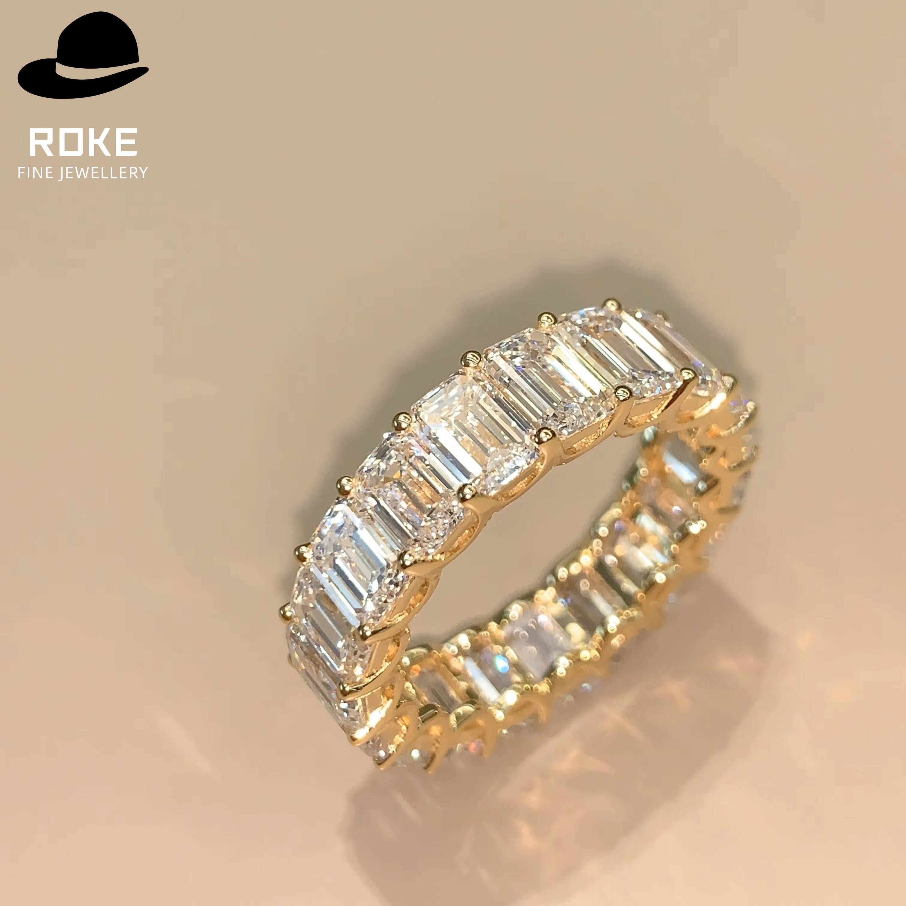 Custom-made 9K-18K Gold Lab Diamond Emerald Cut Ring Gold-toned Bar Setting Band for Womens Wedding Engagement Anniversary Gift