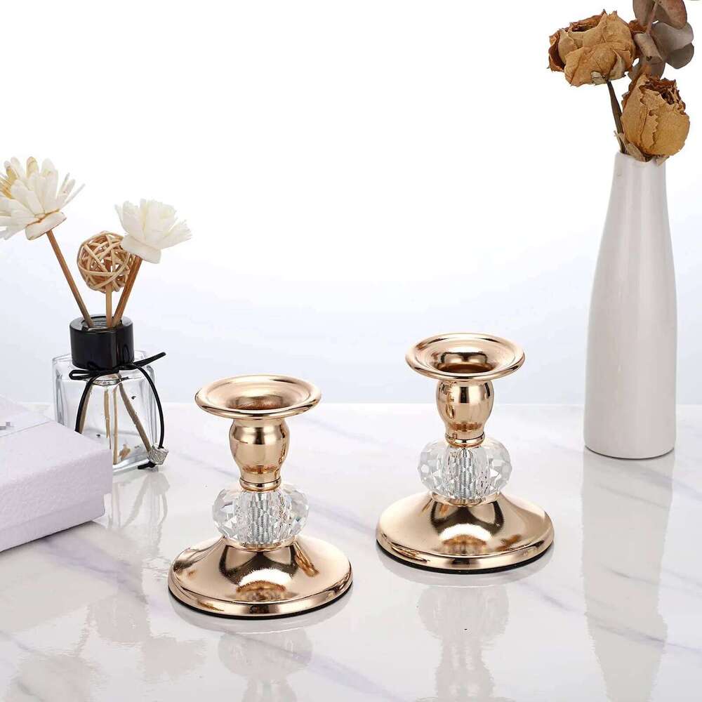 2PCS Gold Holders Vintage Brass Taper Holders, Metal Crystal Candle Stands Elegant Candlestick XJ260305