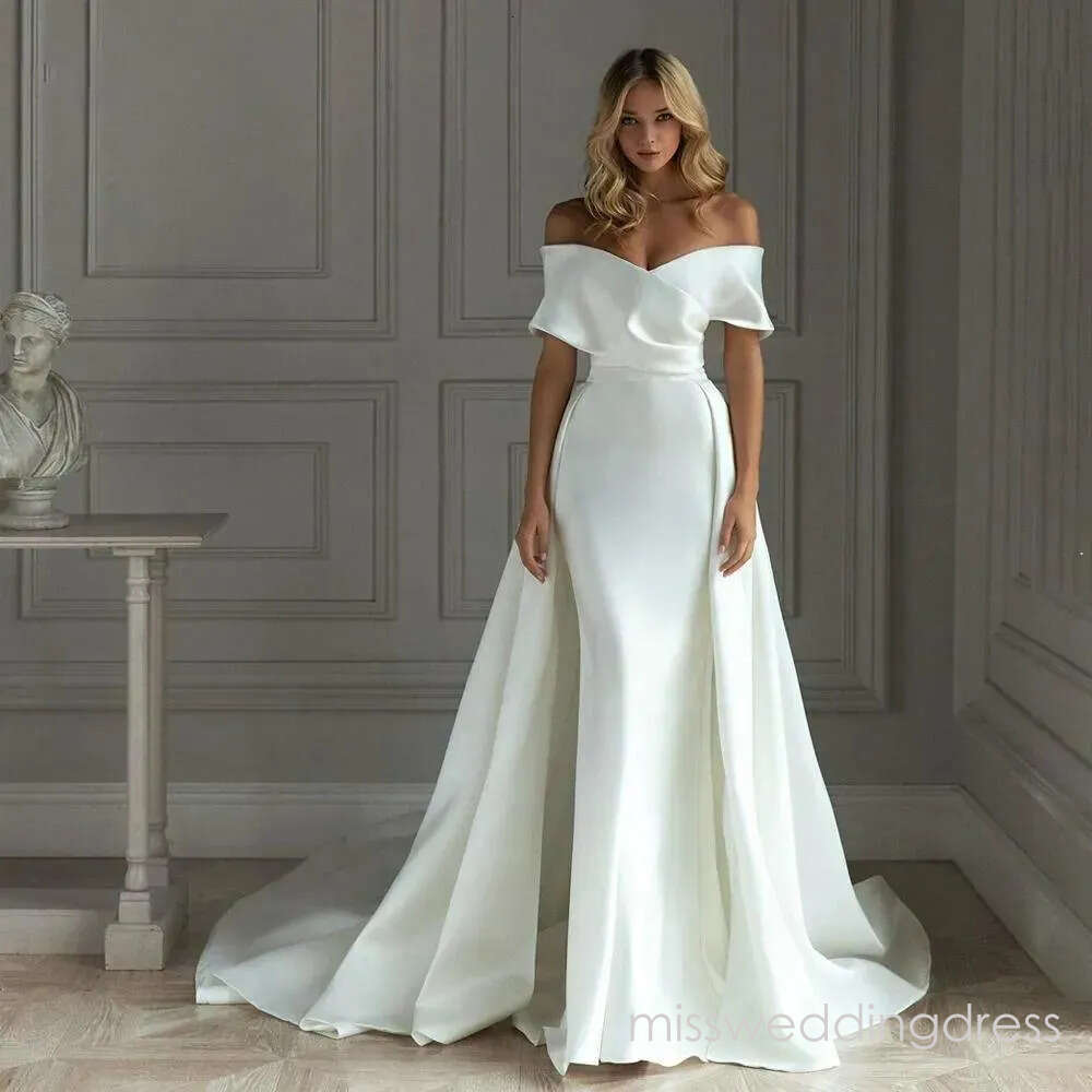 2026 Satin Mermaid Wedding Dress With Detachable Train Off Shoulder Floor Length Bride Dresses Vestido De Noiva