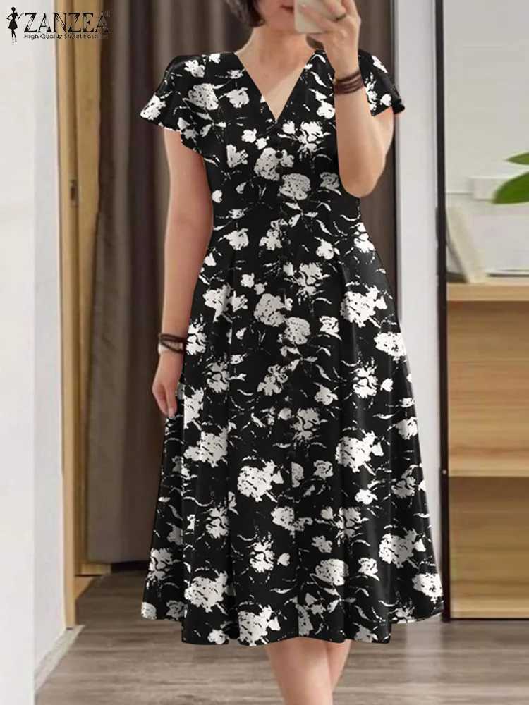 Women Elegant OL Work Floral Mid-calf Sundress ZANZEA Fashion Summer V Neck Short Sleeve Printed Dress Vintage Holiday Vestido X260306