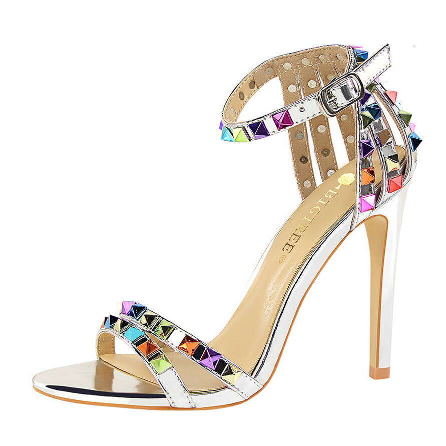 European And American Roman Style Women S Shoes Thin Super High Heel Open Toe One Strap Hollow Colorful Rivet Sandals