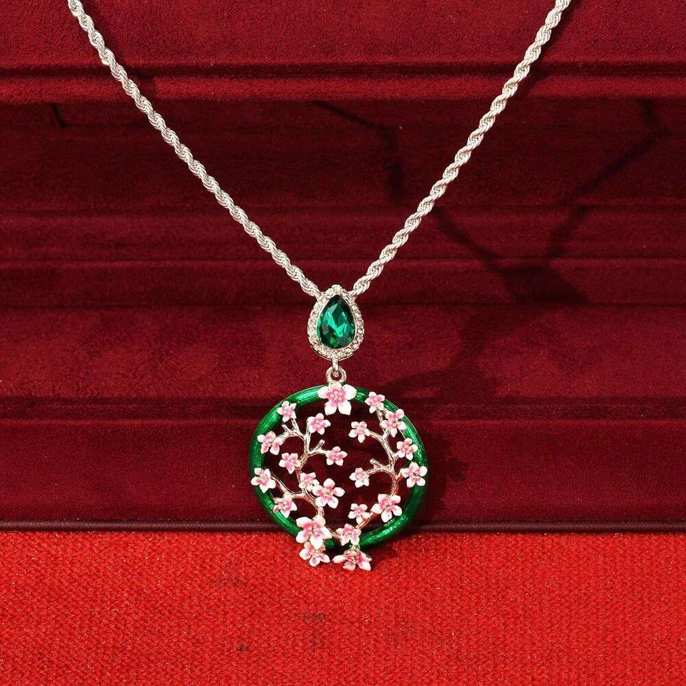 Vintage Enamel Plum Blossom Jewelry Set Open Ring Silver Stud Earrings Light Luxury Simple Choker Necklace Accessories High-Quality