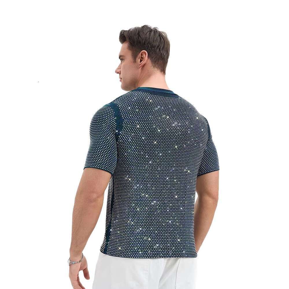 New European and American men's clothing, American-style breathable double-layer short-sleeve T-shirt, rhinestone party nightclub outfit