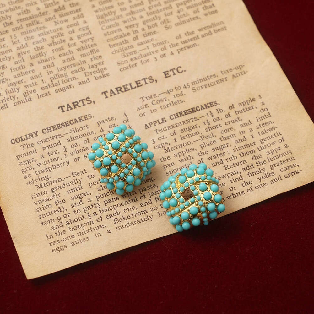 Vintage Square Turquoise Earrings Geometric Beads And Silver Studs Niche Design With A High-End Feel Women's Accessories High-Quality