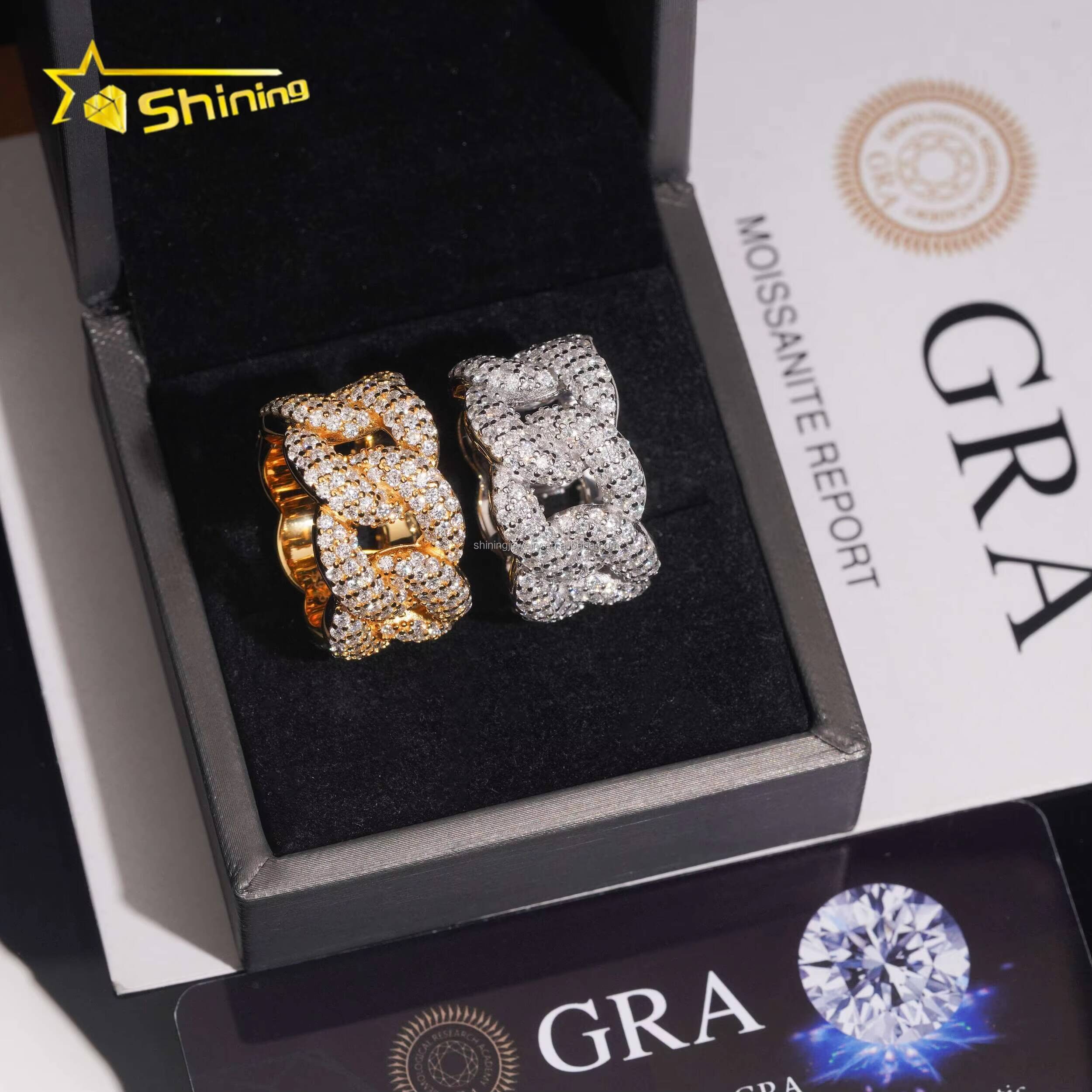 3Row Stones Moon Shape Fire Shining Jewelry Iced Out Man Jewelry Fully 925 Silver FL Moissanite Diamond Miami Cuban Band Ring